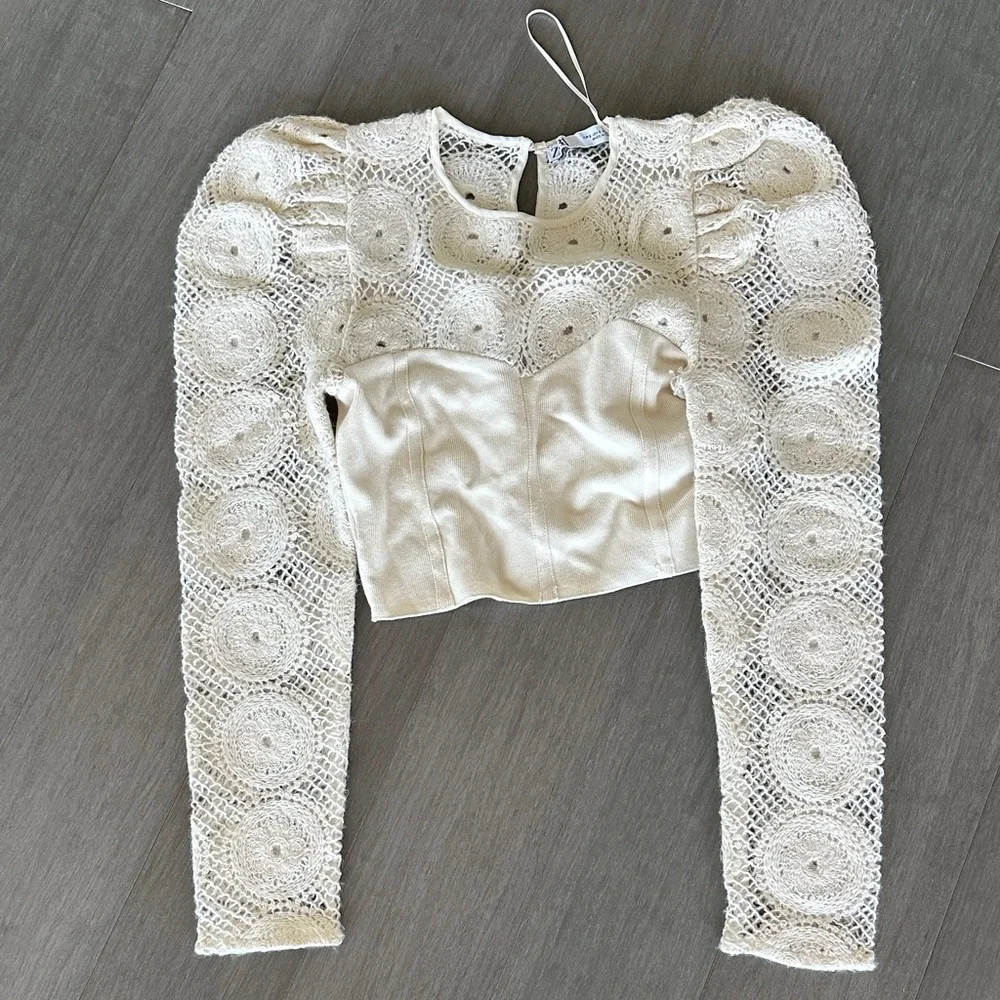 Zara Cream Lace Puff Sleeve Blouse